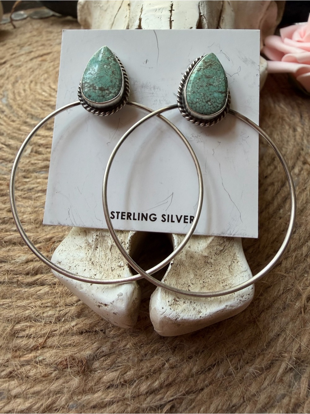 Navajo Handmade  Teardrop Number Eight Turquoise Hoop Earrings